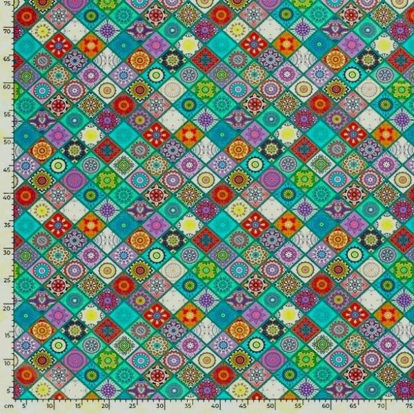 BOMULLSTYG KALEJDOSKOP PETROL/LILA/ORANGE FG 24