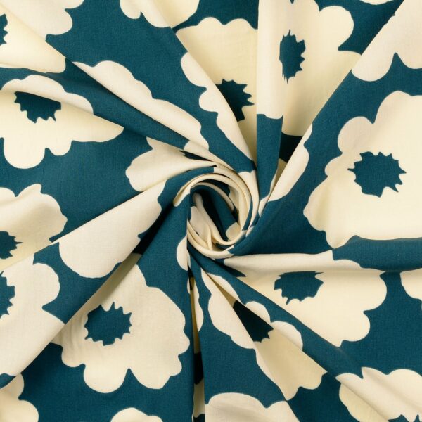 Viskospoplin Gladblomster petrol/off white fg 4