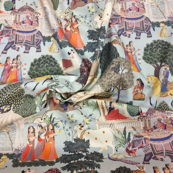 Bomullstyg Indiska adeln ljusblå/grön/gul