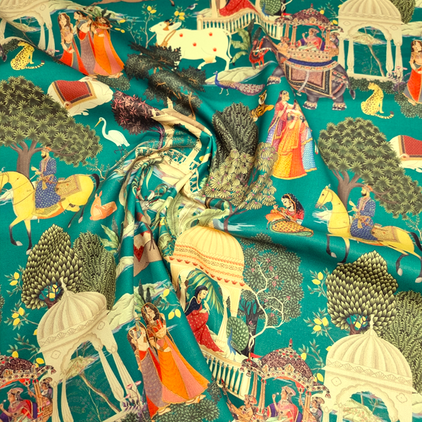 Bomullstyg Indiska adeln nästan smaragdgrön/orange