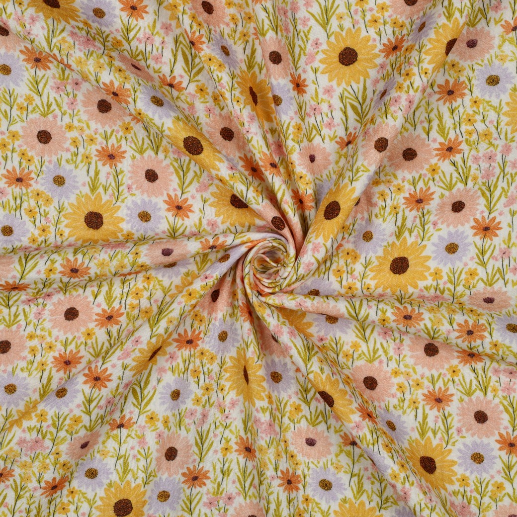 Muslin Solblomster gul/lila fg 1