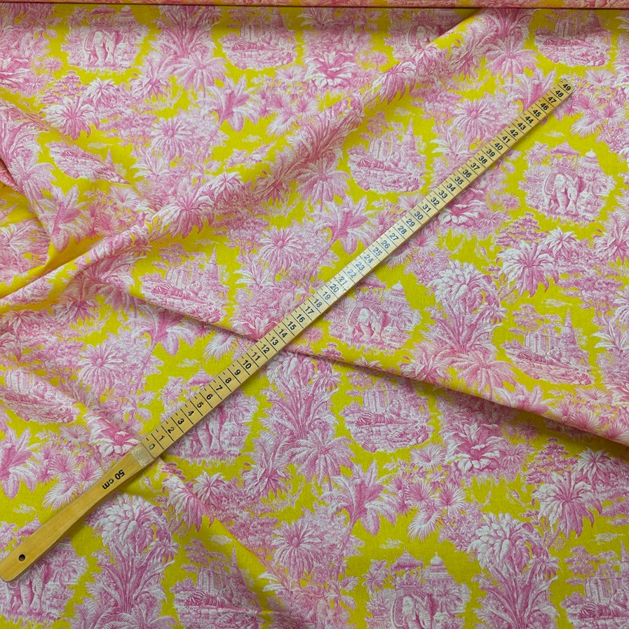 Bomullstyg Maharani limegul/cerise fg 2
