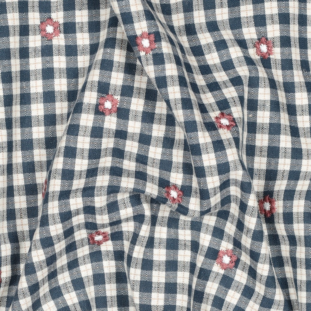 Bomullstyg Blomrutan jeansblå/rosa fg 2